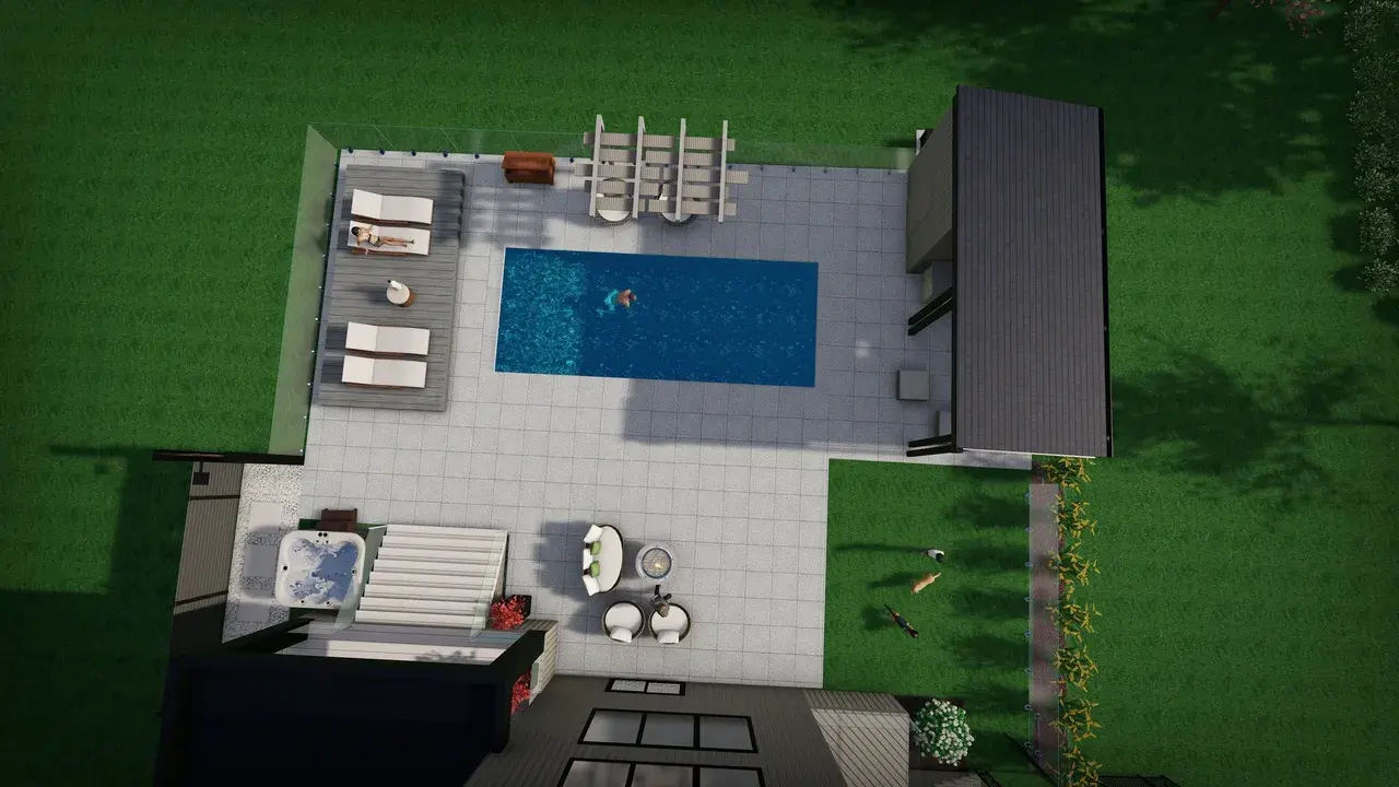 Plan 3D d'une piscine et terrasse – aménagement extérieur équilibré
