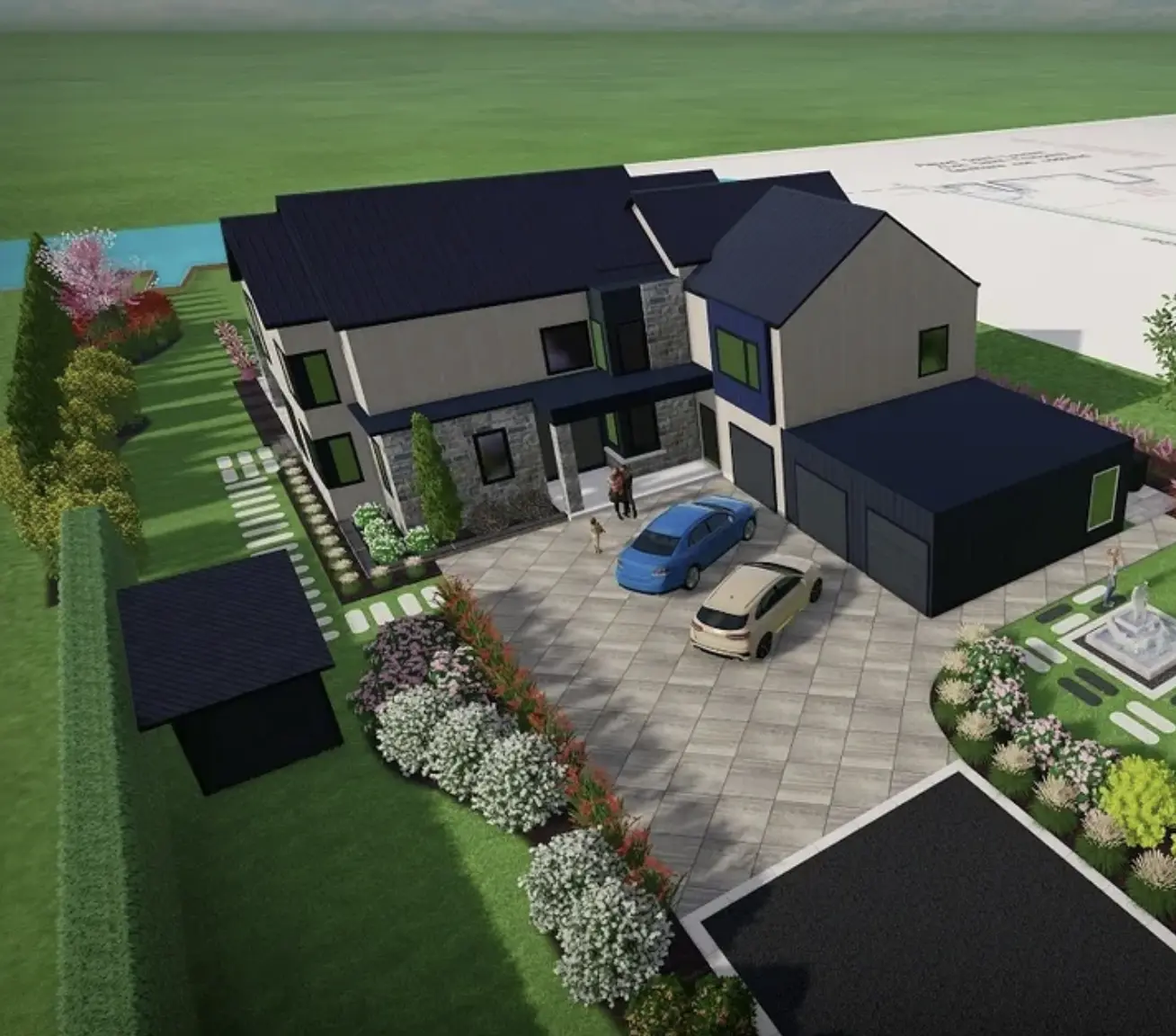 Plan 3D d'aménagement extérieur avec pavé uni devant une maison